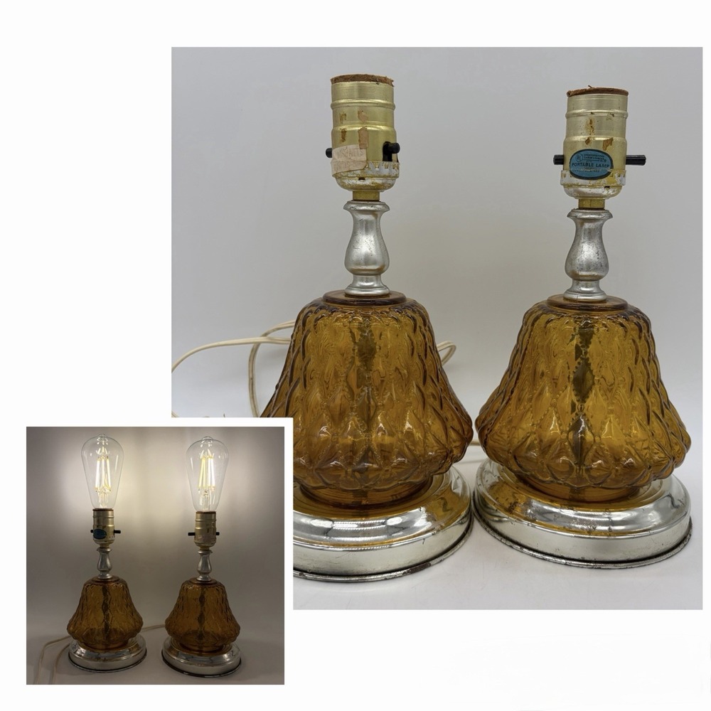 Two Pair Vintage Amber Glass Quilted Lamps Boudoir Bedroom Kitchen Tabletop